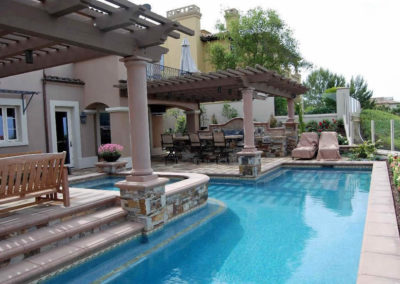 Elegant pool design surrounded by lush greenery.